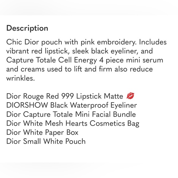 Dior Cream Pouch with Pink Embroidered Accents with Dior lipstick and Eye Liner - Picture 13 of 13